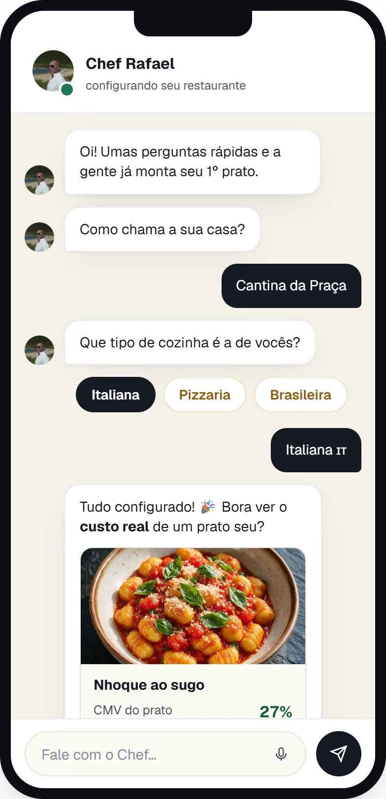 Chef, o copiloto de IA, mostrando o custo real da ficha de um prato